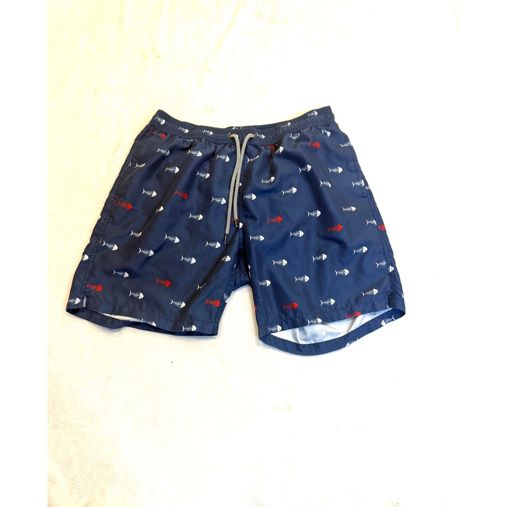 Maamgic Mens Navy Fish Bone Skeleton Print Swim Trunks Board Shorts Size L - Picture 2 of 8